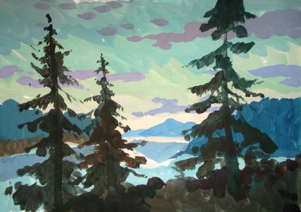 Пейзаж с елью гуашью