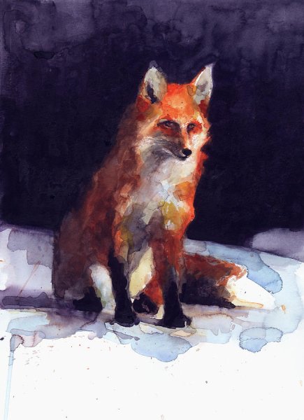 Лиса в лесу акварелью