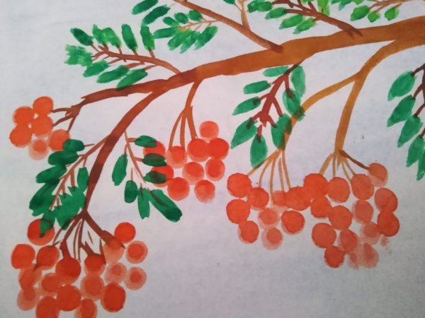 Веточка рябины ватными палочками