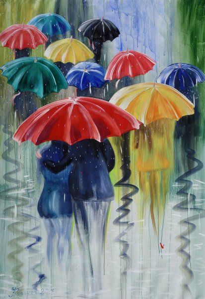 Дети под зонтом гуашь