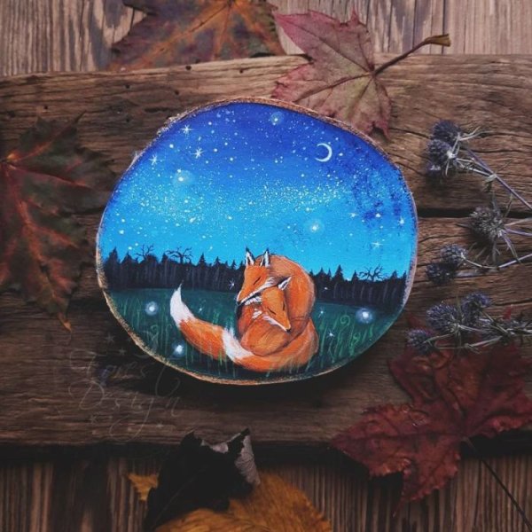 Роспись на спилах дерева акриловыми