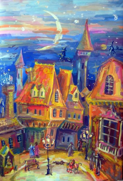 Ночной город гуашью