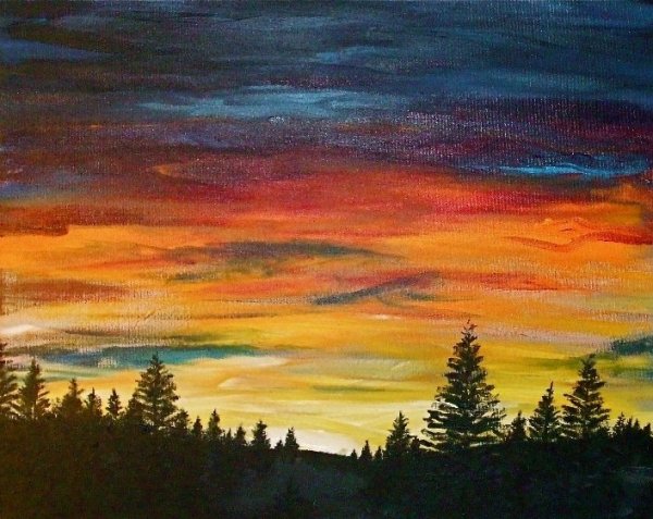 Закат в лесу акварелью