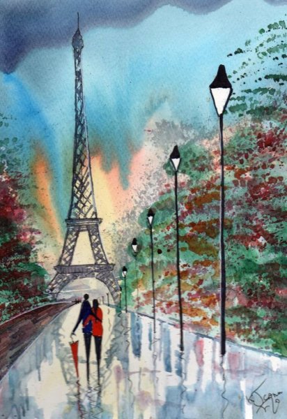 Париж Эйфелева башня акварель