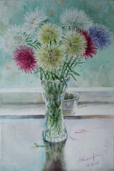 Астры живопись акварель