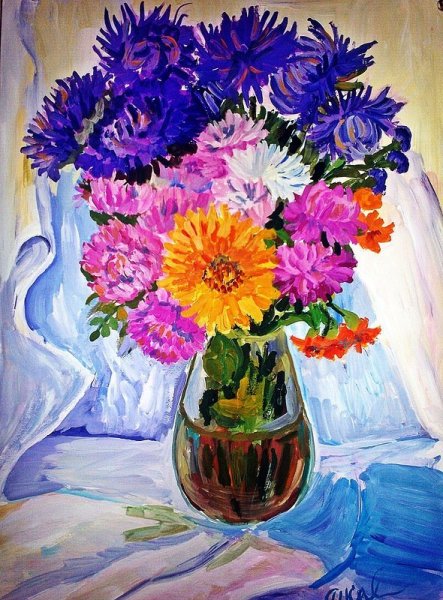 Цветы в вазе гуашью