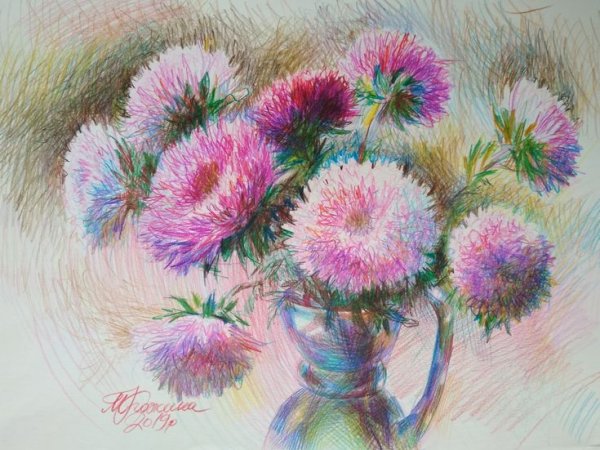 Астры гуашью