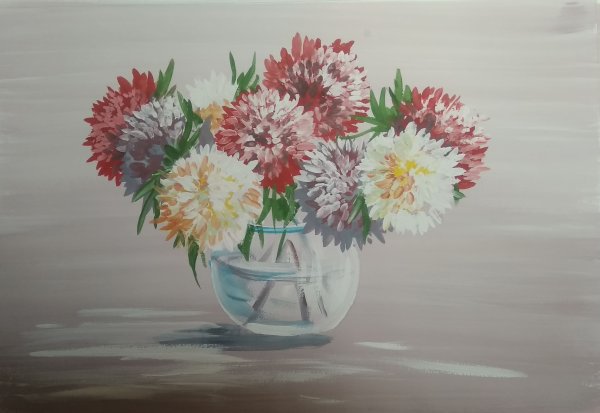 Натюрморт астр в вазе гуашью