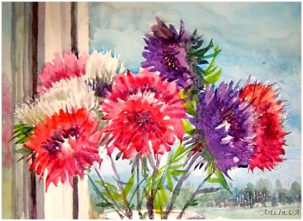 Астры акварелью по сырому