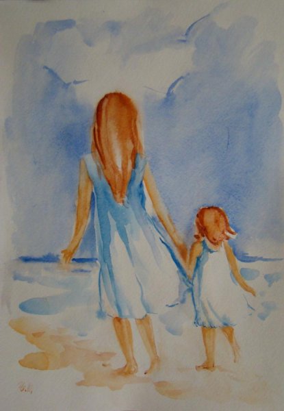 Мама с ребенком акварель