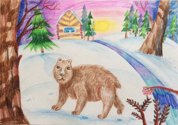 Рисования медведя в зимнем лесу