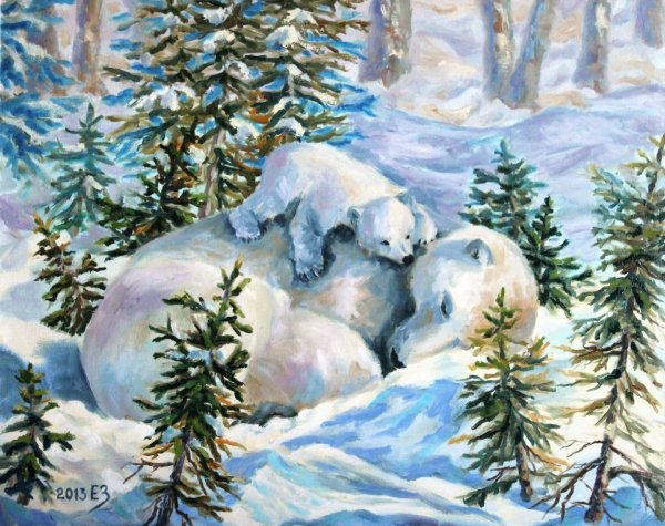 Зимний пейзаж гуашью с животными