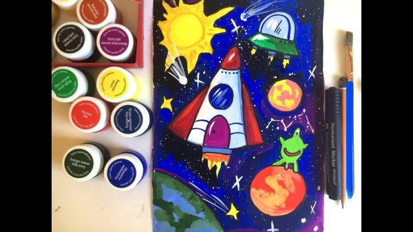 Рисование космоса гуашью с ракетами