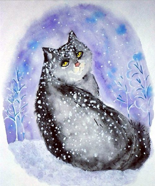 Снежный кот акварель