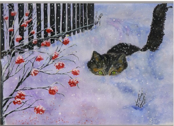 Котики в снегу картина