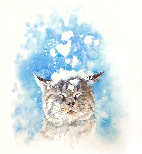 Акварельный зимний кот