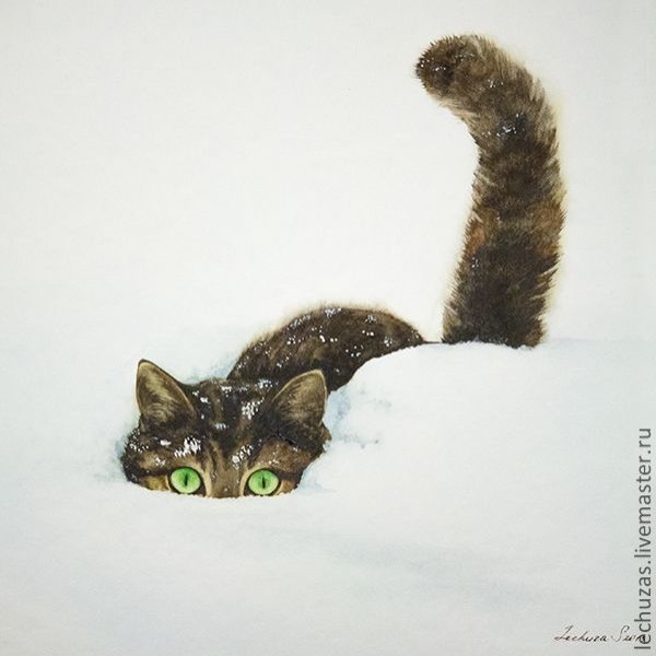 Кот в снегу акварель