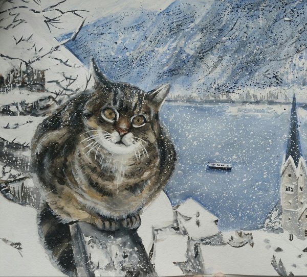 Зимний кот акварель