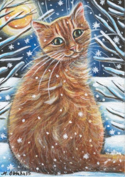 Зимний кот гуашью