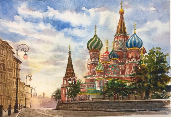 Храм Василия Блаженного Москва акварель
