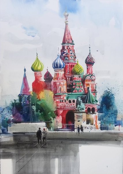 Храм Василия Блаженного Москва акварель