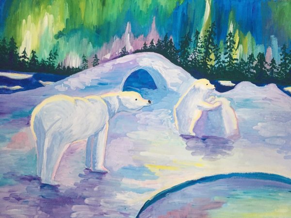 Рисование белый медведь и Северное сияние
