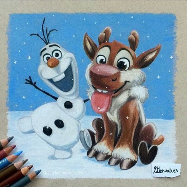 Олаф красками на окне