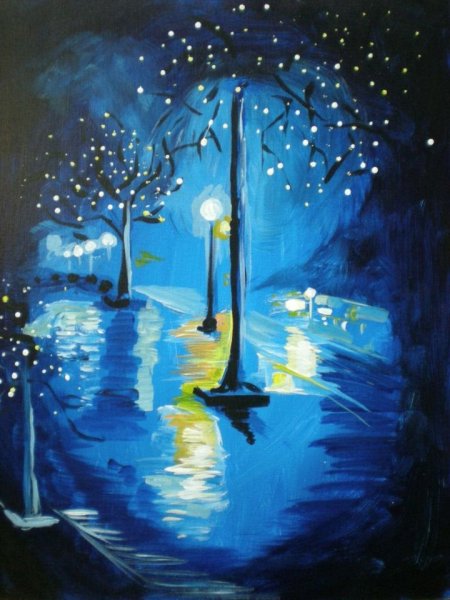 Пейзаж ночь гуашью