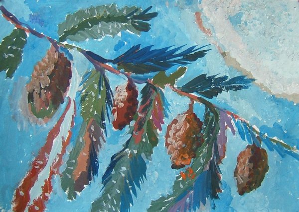 Еловые ветки гуашью