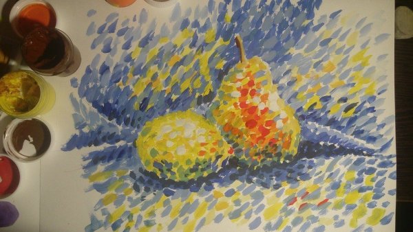 Пуантилизм фрукты акварелью