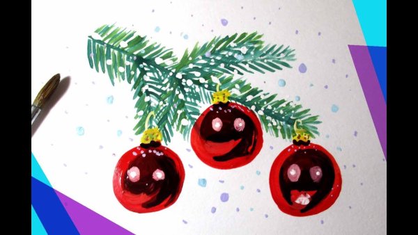 Новогодняя елочная ветка с шариками гуашью