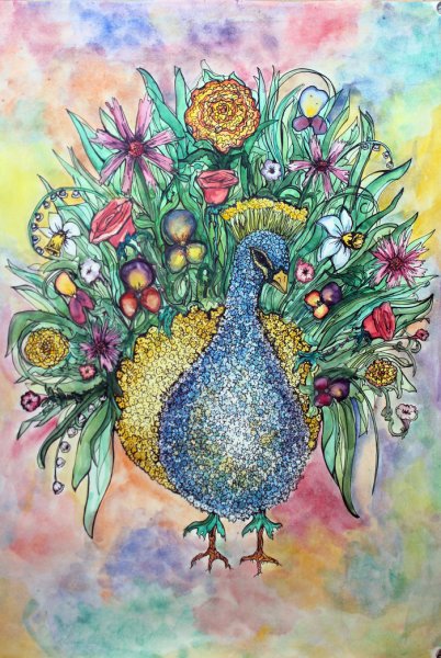 Павлин акварелью