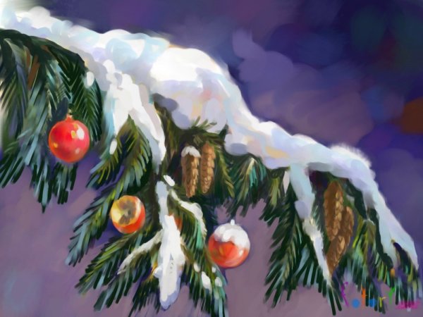 Новогодняя ветка гуашью
