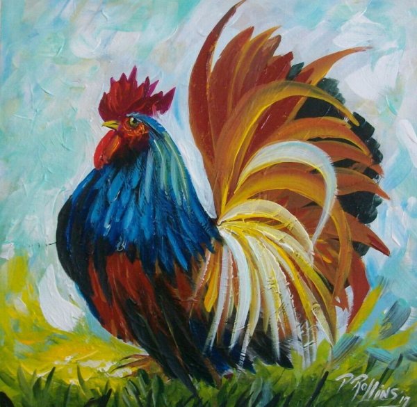 Петух гуашью