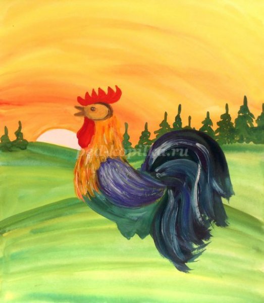 Петушок гуашью