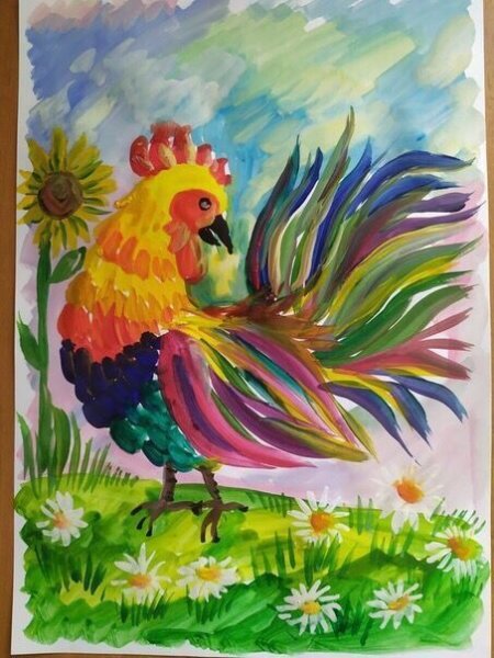 Петух гуашью