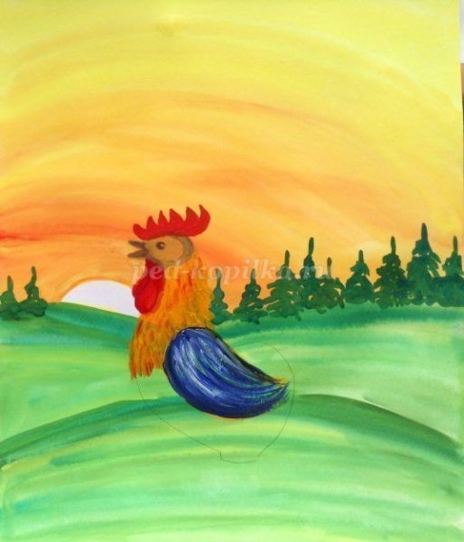 Рисунок с детьми гуашью петуха