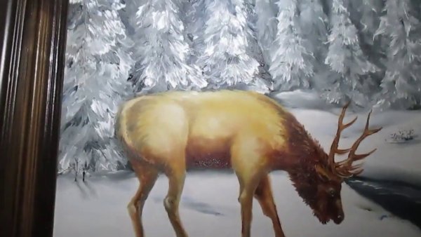 Пейзаж зима гуашью с оленями