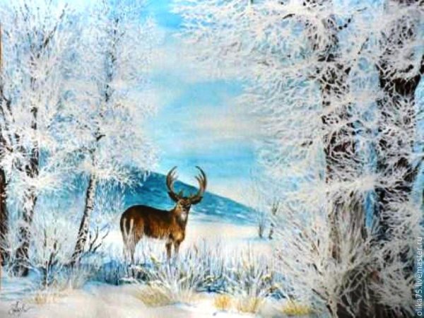 Зимний пейзаж с оленем гуашью