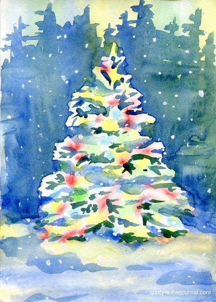Зимняя елка красками