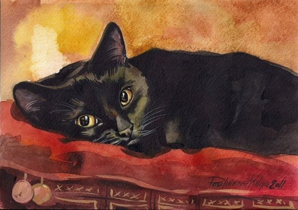 Черный кот гуашью