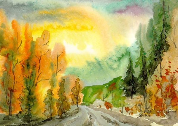 Осенний пейзаж акварелью