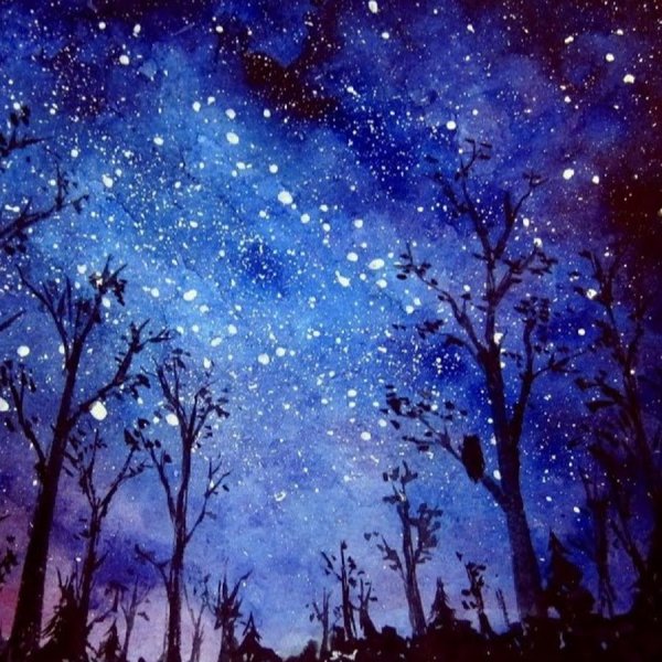 Ночной лес акварелью