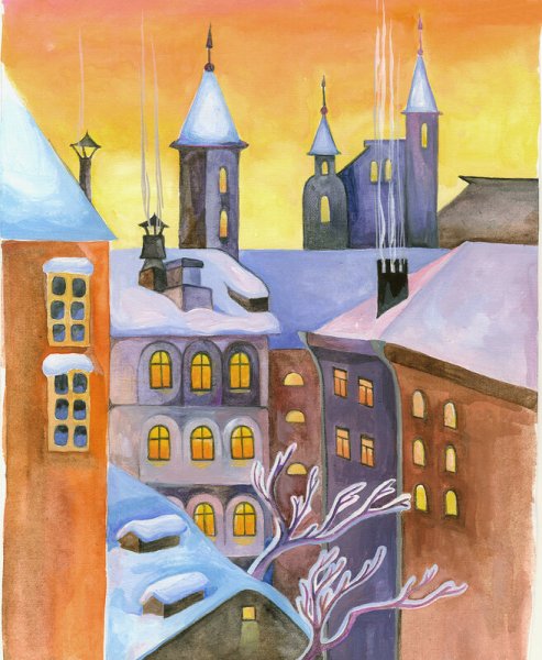 Зимний городской пейзаж гуашью