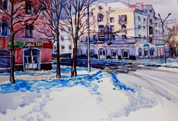 Зимний город гуашью