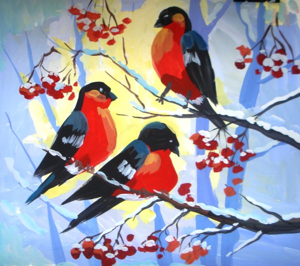 Рисование Снегирь на ветке