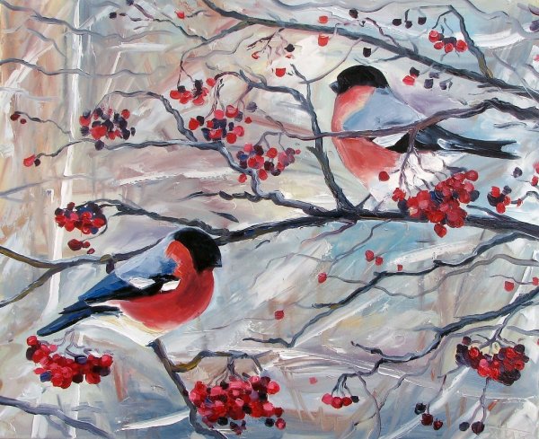 Снегирь на ветке гуашью