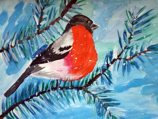 Снегирь гуашью