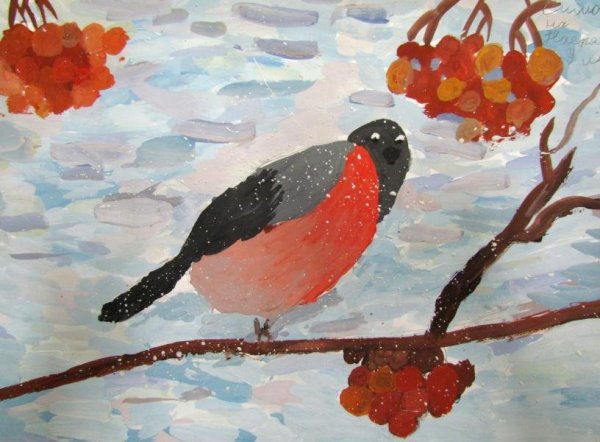Снегирь красками для детей