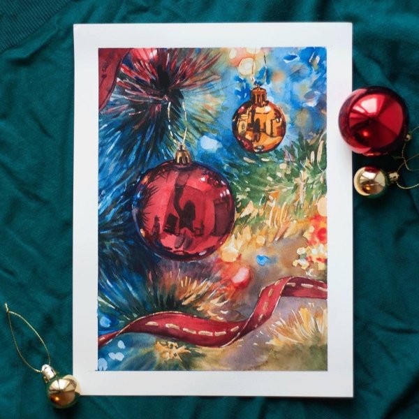 Новогодние шары акварелью